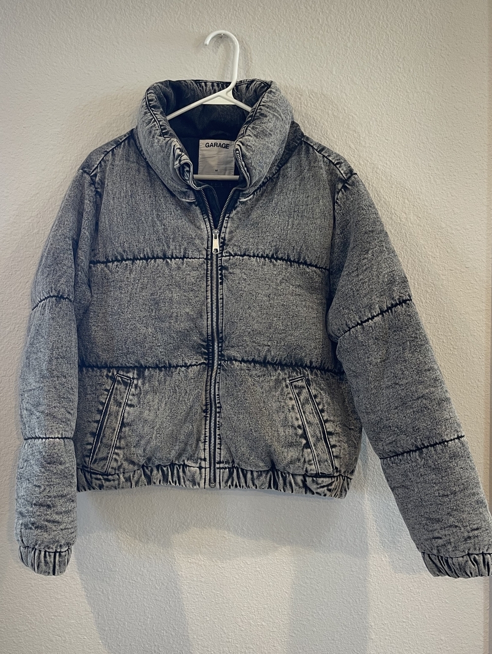 Garage Womens Washed Black Denim Cotton Puffer Full Zip Bomber Jacket Size Med